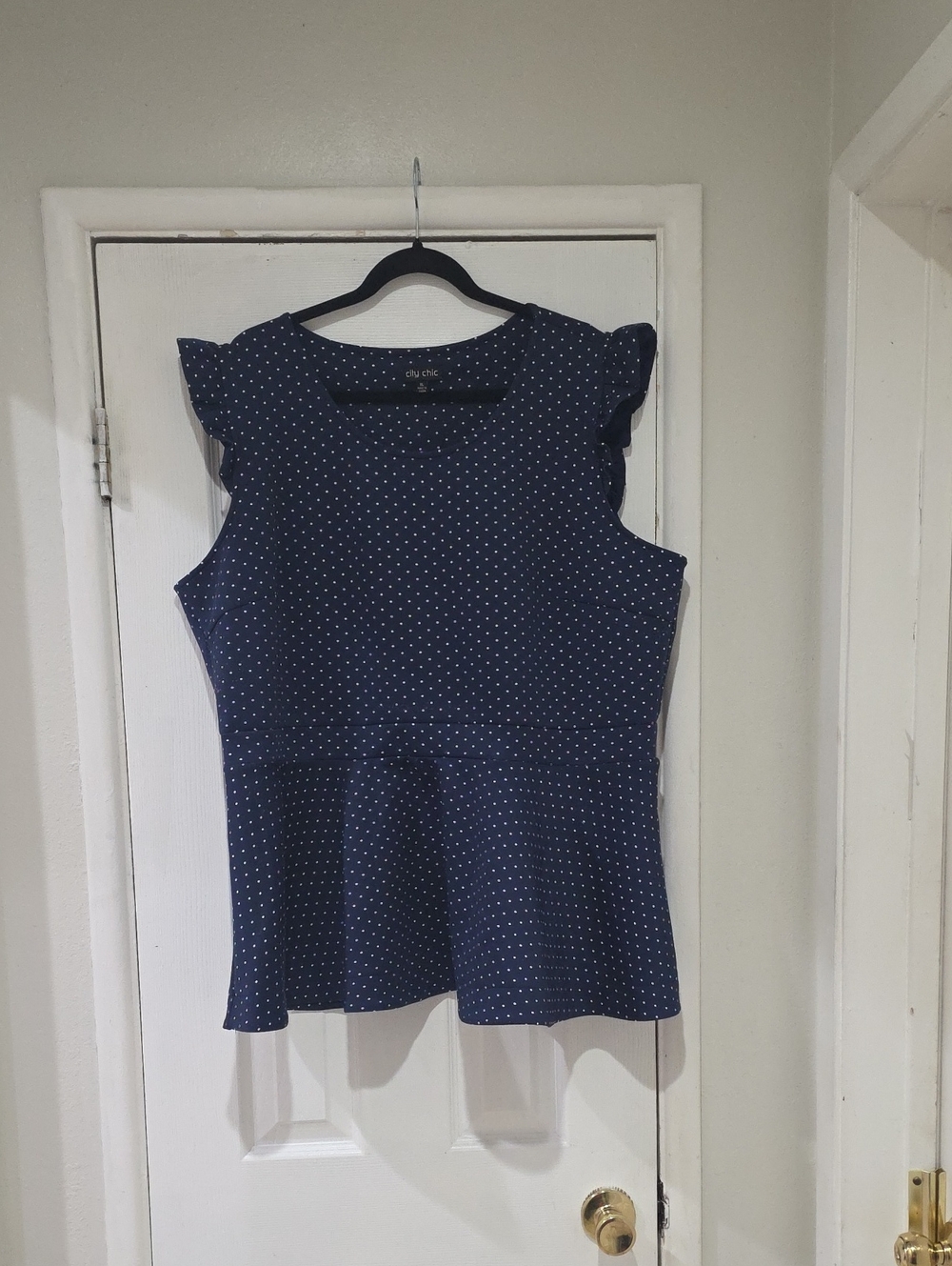 City Chic Navy Polka Dot Ruffle Sleeve Peplum Tank